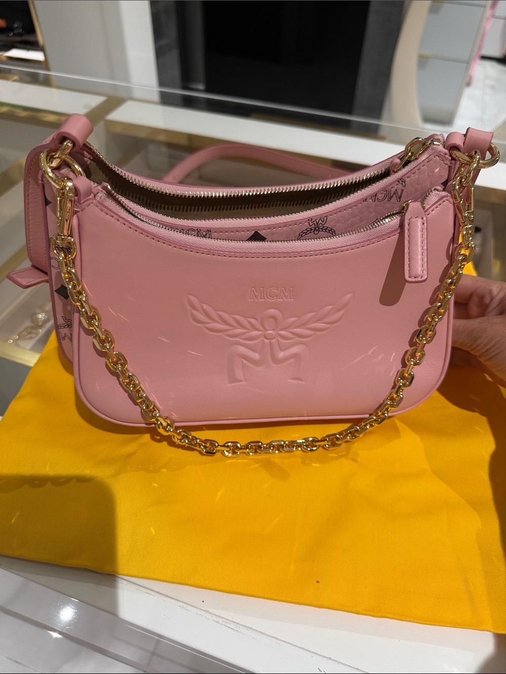 MCM Pink Leather Shoulder Bag with Gold Chain Detail